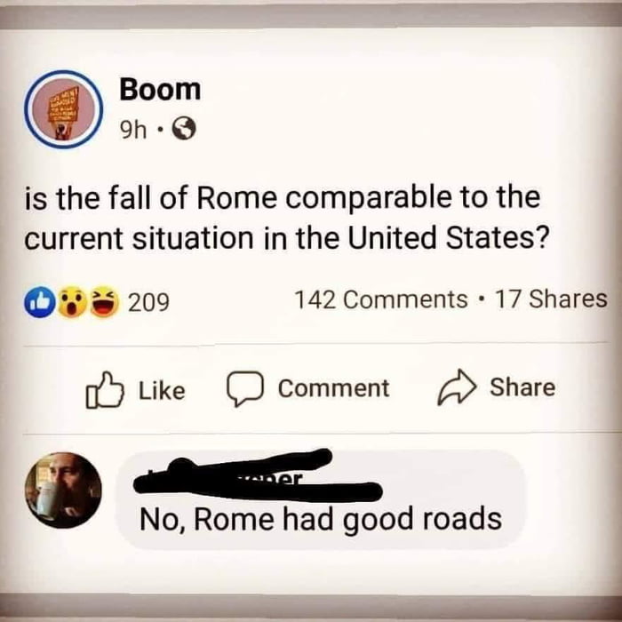 Rome had good roads and no looting. The US has bad roads and