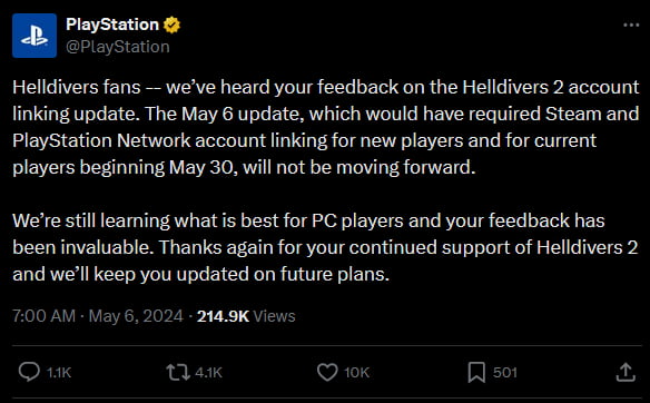 Sony officially went back on their Helldivers 2 PSN requirem