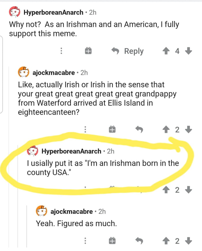 "I'm an irishman born in the county USA"