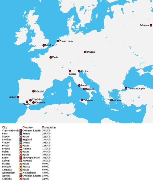 Map shows the 17 largest cities in Europe as of 1600 AD.