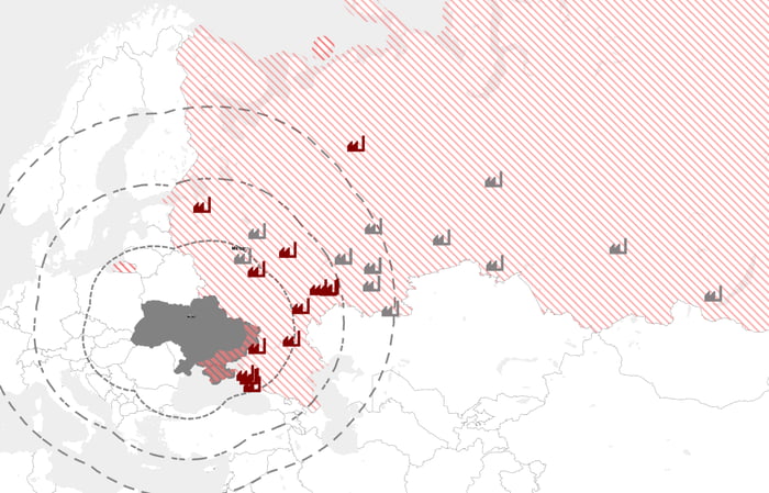 Refineries in Russia. Red ones have already been hit. Grey o