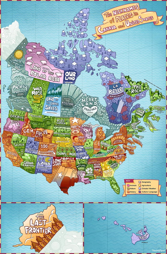 Map of nicknames for states and provinces in USA and Canada 