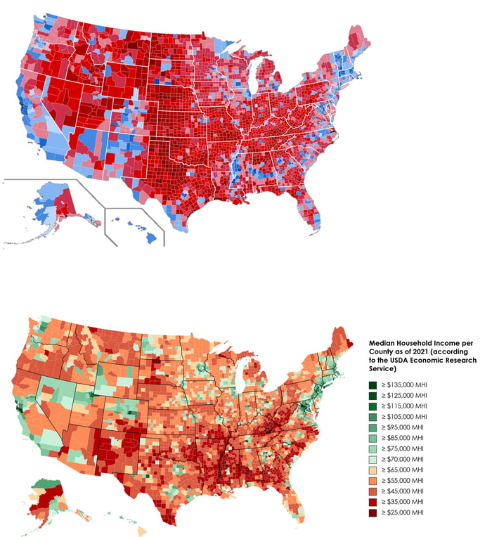 Red and blue counties an their median household income: