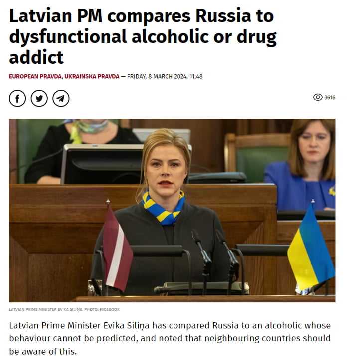 Latvian PM compares Russia to dysfunctional alcoholic or dru