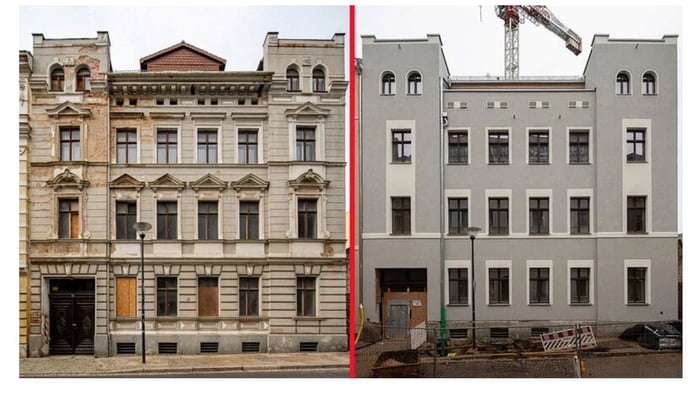 Görlitz, Germany. Before and after thermal insulation. Beau