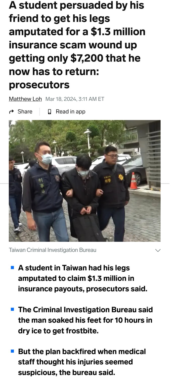 So a Taiwanese guy tried to get insurance pay by losing his 