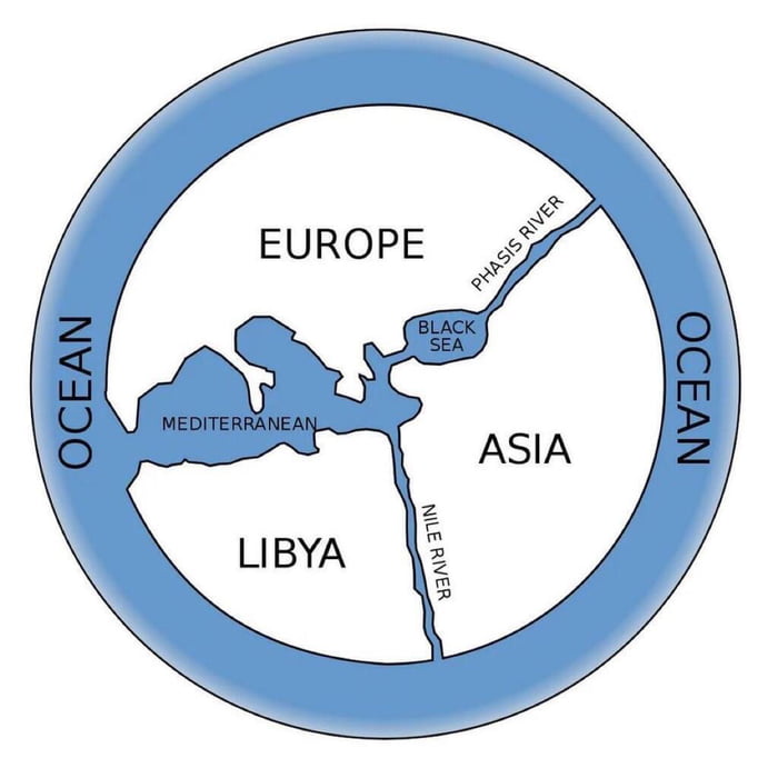 The first world map by Anaximander of Miletus (610BC-546BC),