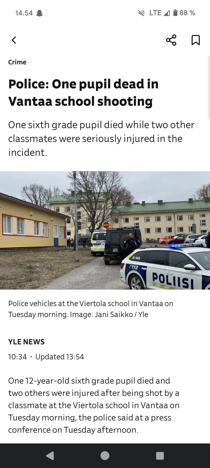 2 wounded, 1 dead in a school shooting in Finland. Shooter a