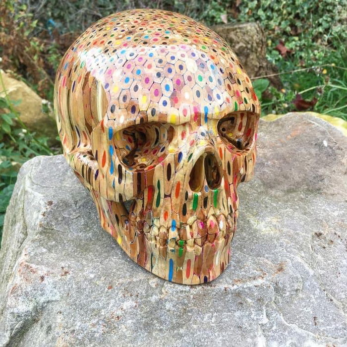 Human skull made from 646 colored pencils