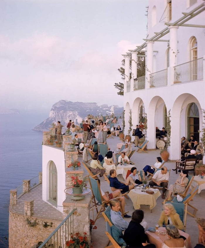A terrace at a cafe in Capri, Italy, 1949. People dancing, d Image