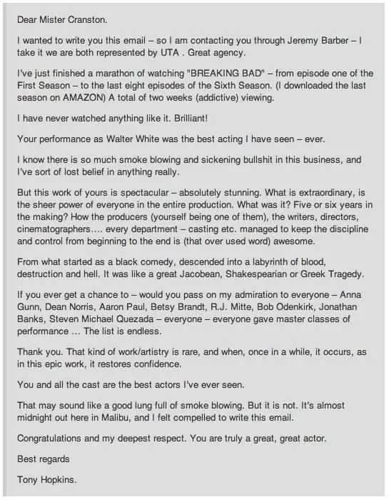 This email from Anthony Hopkins to Bryan Cranston after Hopk Image