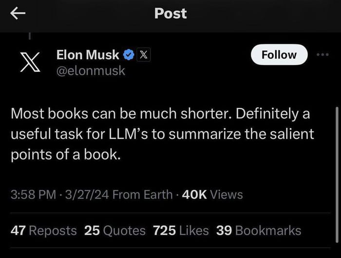 Elon Musk is one step away from inventing book summaries. Image
