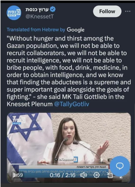 Israeli MK justifying starving 2+ million people in Gaza