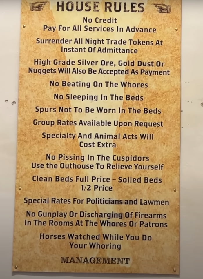 Brothel house rules (South Dakota, ca 1880s)