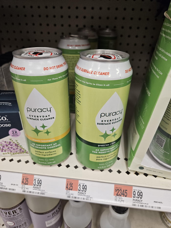 This green tea scented surface cleaner is packaged in soda c