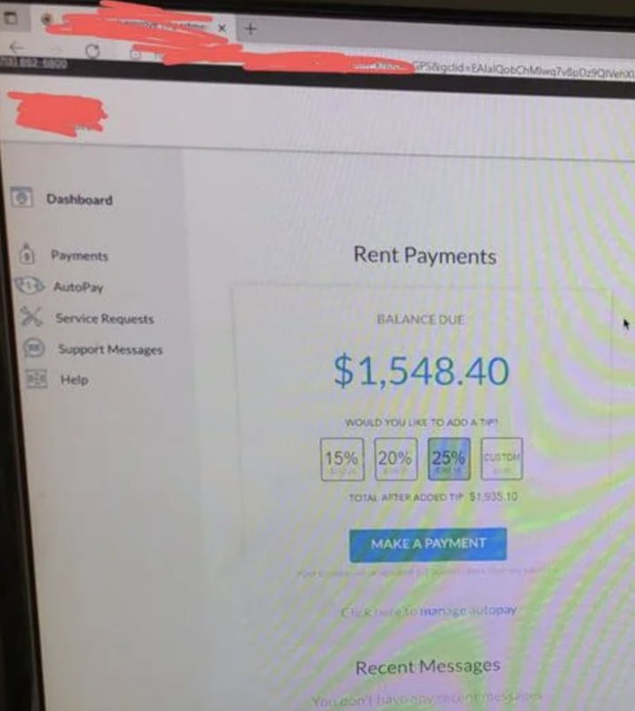This landlord sent a rent payment request ($1,549) and the t
