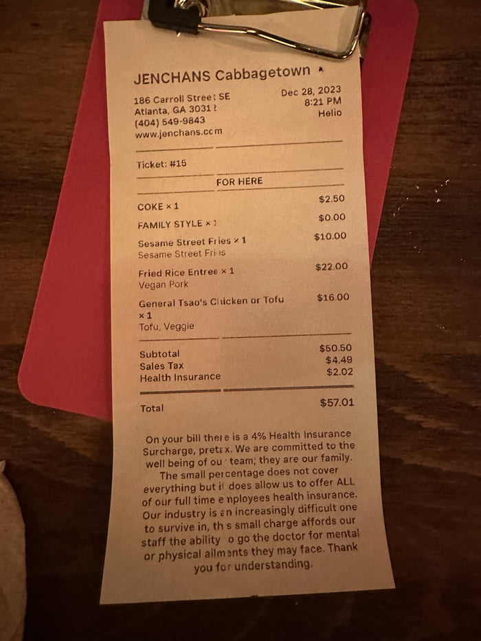 This restaurant charged me a health insurance fee
