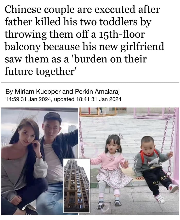 Chinese man murders his 2yo daughter and 1yo son after const