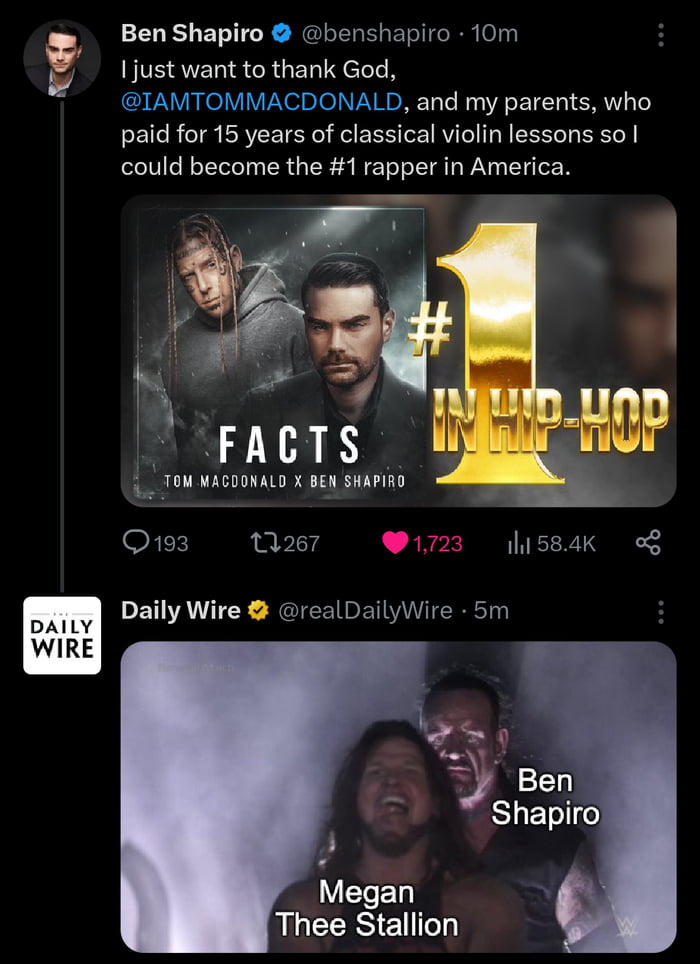 This is a weird timeline where Ben Shapiro is the #1 rapper. Image