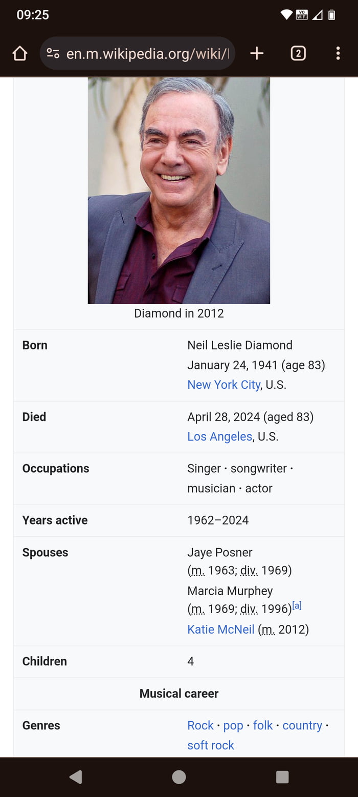 Has Neil Diamond died? Nothing on the news or wider internet Image