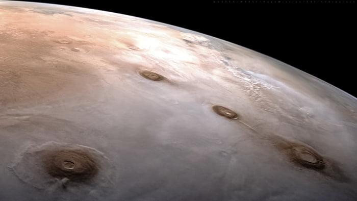 Olympus Mons and Tharsis Montes volcanoes on Mars, captured 